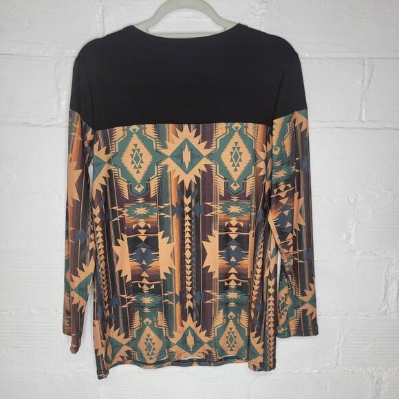 Crazy Train Women's Small Shirt Top Black Tan Southwestern Long Sleeve - Picture 2 of 4
